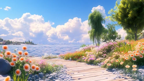 Coastal wooden path bordered by mixed flowers and trees.