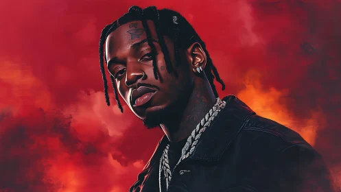 Digitally rendered portrait with high-contrast lighting and red vapor background