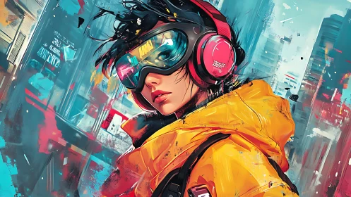 Cyberpunk portrait unites neon brushwork with dynamic street energy