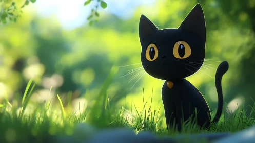 Black cartoon cat sitting in bright green garden scene.