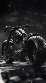 Custom black motorcycle with wide rear tire at night.
