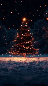 Illuminated outdoor tree with star topper in winter landscape.