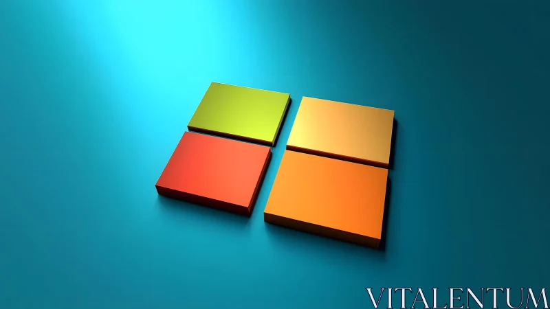 3D Microsoft logo on cyan background in minimalist digital style.
