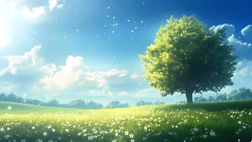 Single tree stands in sunlit meadow under clear blue sky