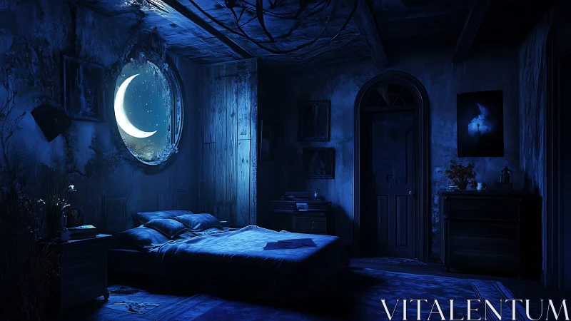 Moonlit bedroom interior with crescent view through window.