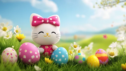 Smiling kawaii cat celebrates Easter in sunny spring meadow