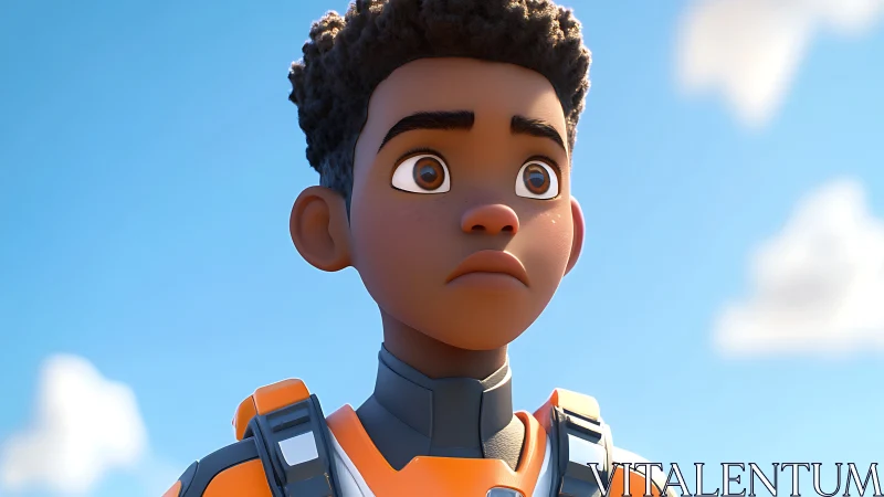 3D stylized boy in orange sci fi suit under sky.