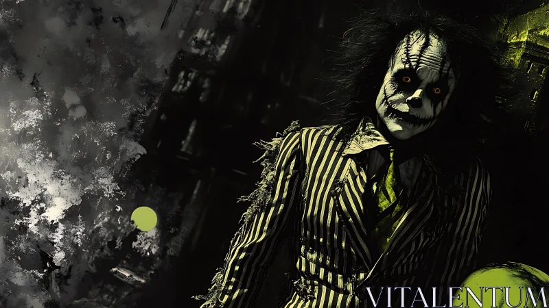 Striped suit figure with skeletal face in dark urban setting.