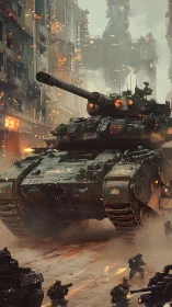 Heavy combat tank in dense urban warfare environment.