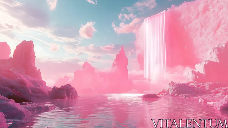 Pink fantasy canyon landscape shows glowing vertical waterfall