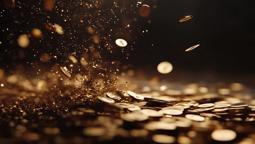 Cascading gold coins in cinematic shallow-depth bokeh field.