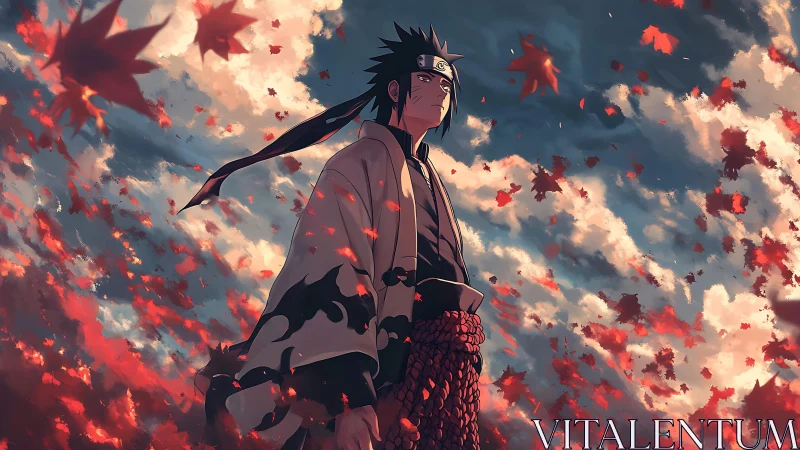 Anime ninja stands under dramatic sky with falling leaves