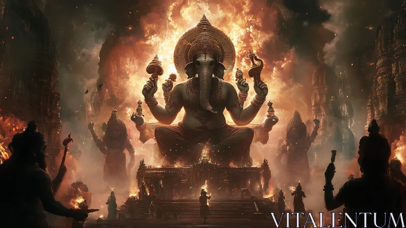 Colossal flaming deity above burning temple cityscape.