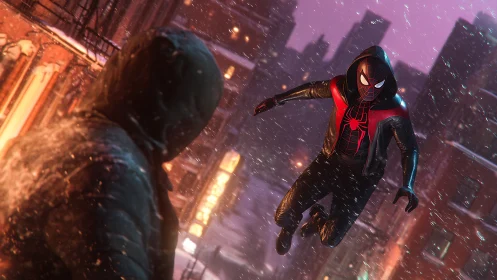 Masked hero confronts hooded figure in snowy city street.