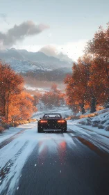 Crimson trees escort a lone car through first winter snow.
