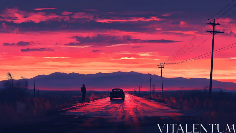 Twilight road home under a sky of glowing embers.