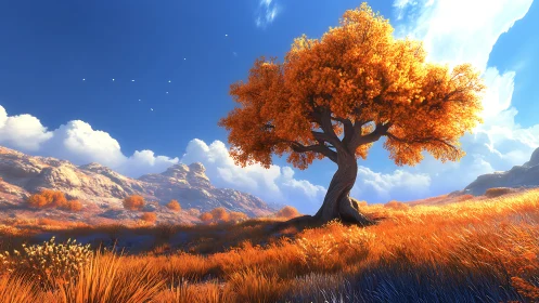 Golden autumn tree glowing under a bright open sky.