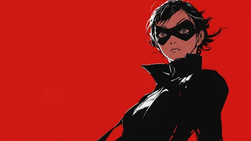 Masked vigilante portrait with stark red negative space background