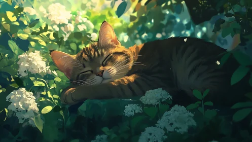 Tabby Cat Resting Among White Flowers in Golden Afternoon Light