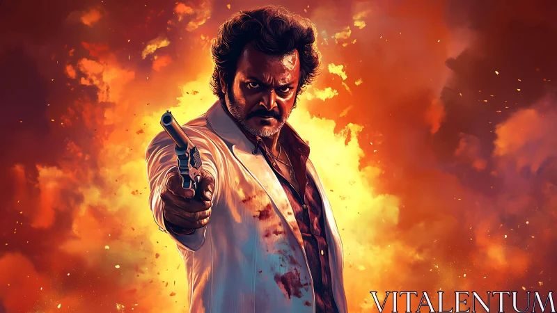 Digital painting of armed antihero amid explosive inferno backdrop.