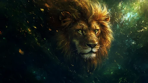 Luminescent lion portrait rendered in high-contrast digital painting