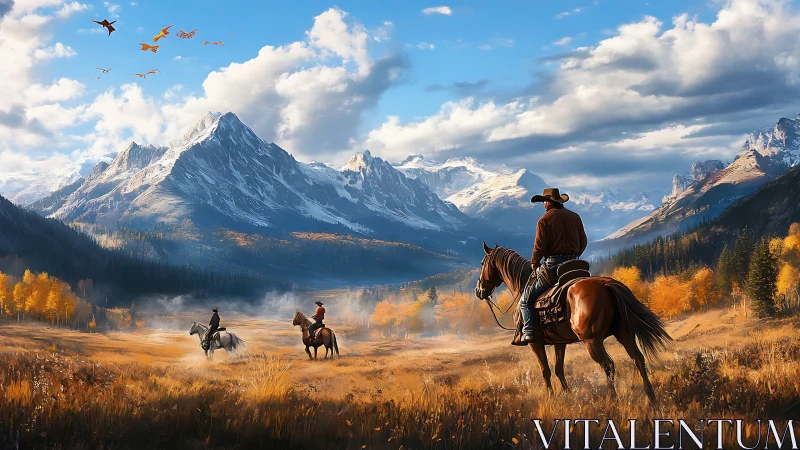 Riders surveying alpine valley under migrating dragonscape.