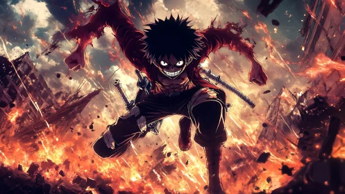 Explosive anime warrior charging through fiery urban ruins