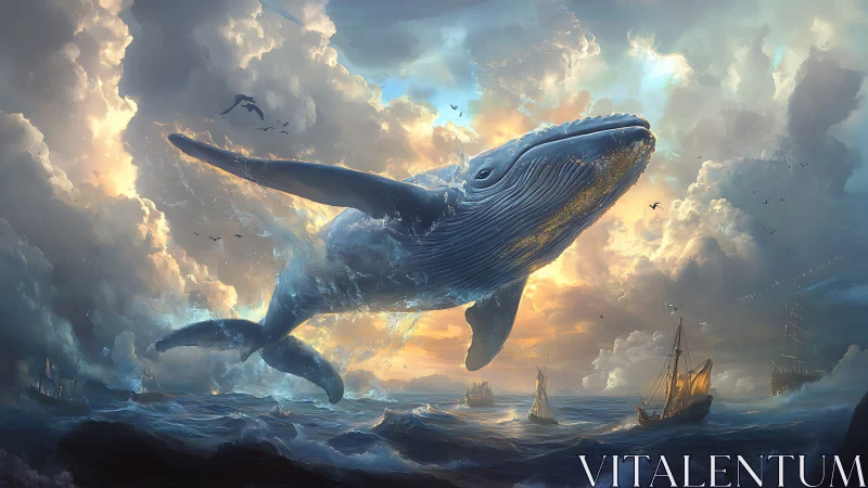 Majestic blue whale rises over stormy sunset seas