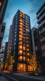 High rise residential tower with warm interior lighting at dusk
