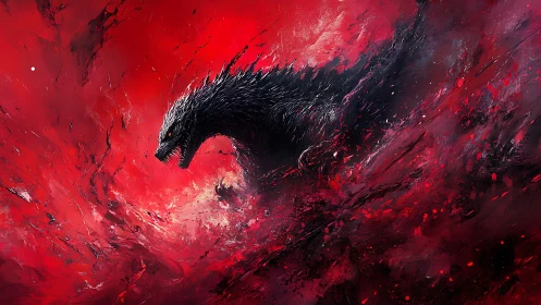 Monstrous black creature emerging in swirling red storm.