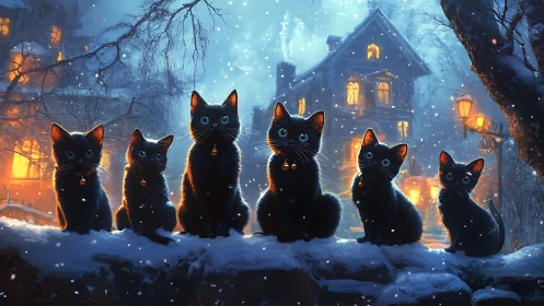 Winter Vigil: Six Black Cats in Luminous Nocturnal Landscape.