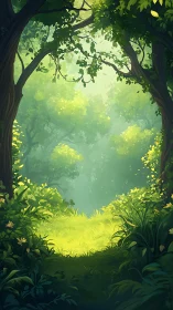 Enchanted forest clearing with radiant yellow-green light filtering through canopy