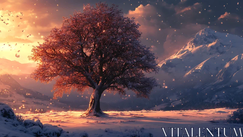 Glowing winter tree embracing sunset over snowy peaks.