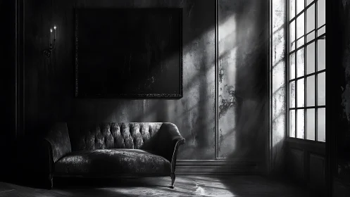 Monochrome interior scene with tufted sofa and window light.