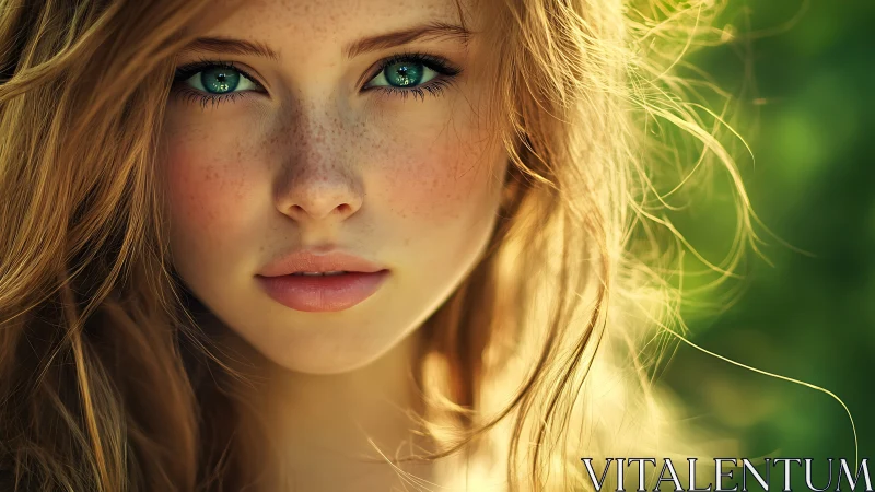 Freckled portrait under shallow depth, golden rim lighting.