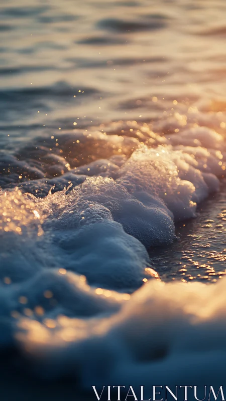 Sunlit foam waves in shallow surf with golden reflections.