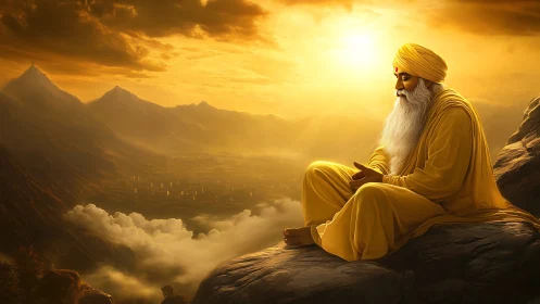 Golden-robed sage meditating above radiant mountain valley.