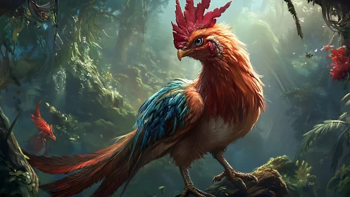 Colorful forest rooster perched in glowing jungle light.