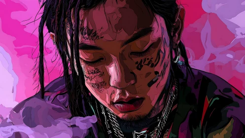 Digital portrait depicts downward gaze with stylized gradients