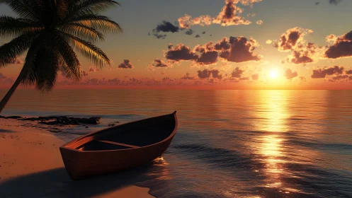 Rowboat on quiet tropical beach at calm ocean sunset.