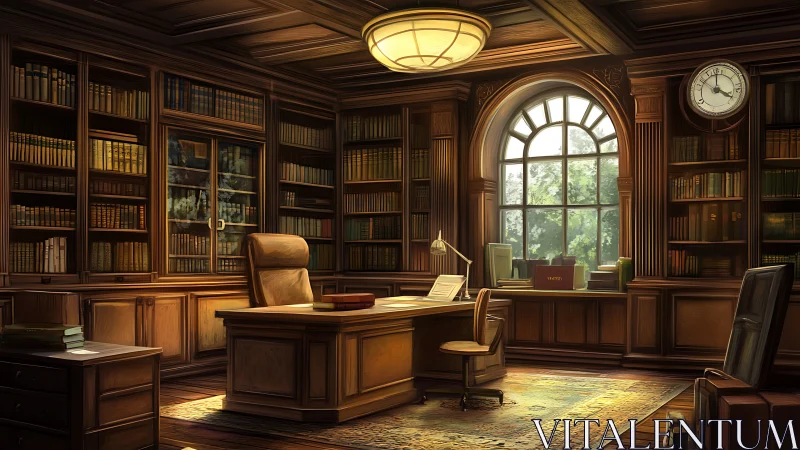 Wood-paneled library office with arched window and desk.