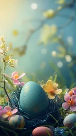 Pastel speckled egg rests in luminous spring floral nest