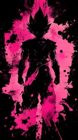 Silhouetted warrior emerges from neon magenta ink splatter field