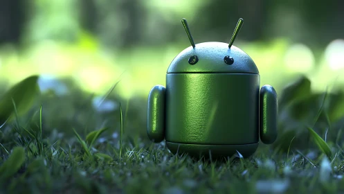 Shiny green robot mascot resting in soft forest light.