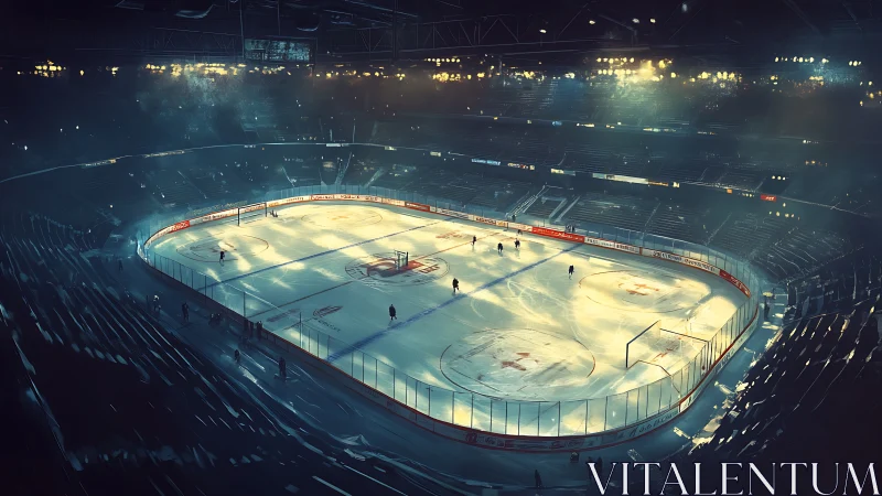 Illuminated indoor ice hockey arena under pre-game warmup lights