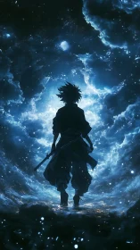 Lone swordsman silhouetted against luminous cosmic storm.