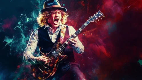 Digital painting of rock guitarist in explosive neon motion.