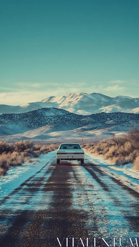 Snowy desert road welcomes a lone car toward calm mountains