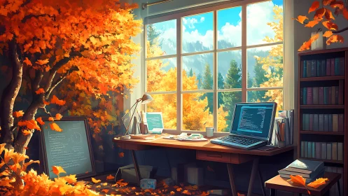 Autumn-lit programmer’s studio merges nature with digital focus