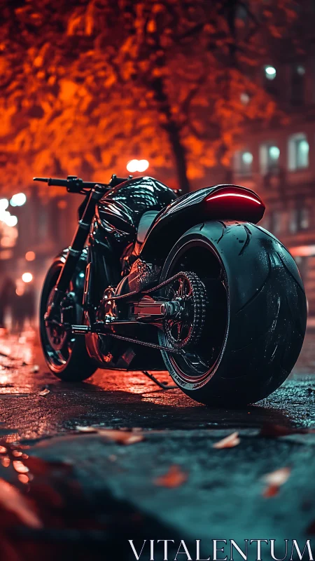 Custom motorcycle waits under neon rain on a city street